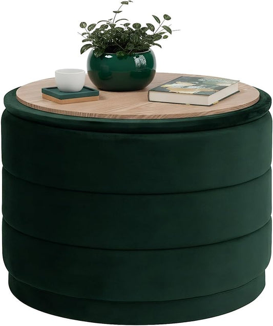 B FSOBEIIALEO Round Velvet Storage Ottoman with Tray, Folding Ottoman with Storage Coffee Table Foot Rest for Dorm Room, Living Room Bottle Green, 22.83"x22.83"x17.32"