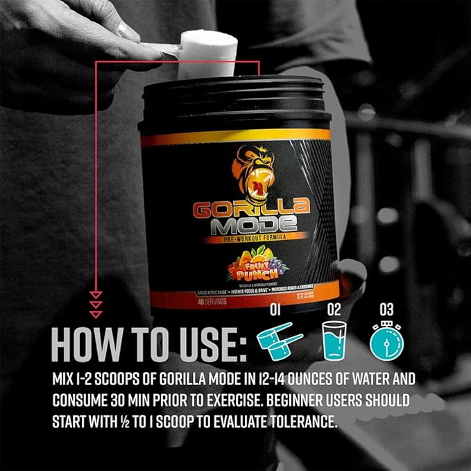 Gorilla Mode Pre Workout - Massive Pumps · Laser Focus · Energy · Power - L-Citrulline, Creatine, L-Tyrosine, Betaine, Hydroprime®, Alpha-GPC, 400mg Caffeine, Huperzine A - 620g (Bombsicle)