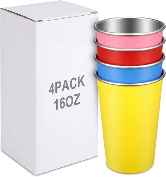 Mimorou 4 Pack Stainless Steel Pint Cups Metal Cups Unbreakable Drinking Water Tumblers Stackable Tumbler for Adults Bar Home Restaurant Travel Picnic Camping Outdoor (Mixed Colors,16 oz)