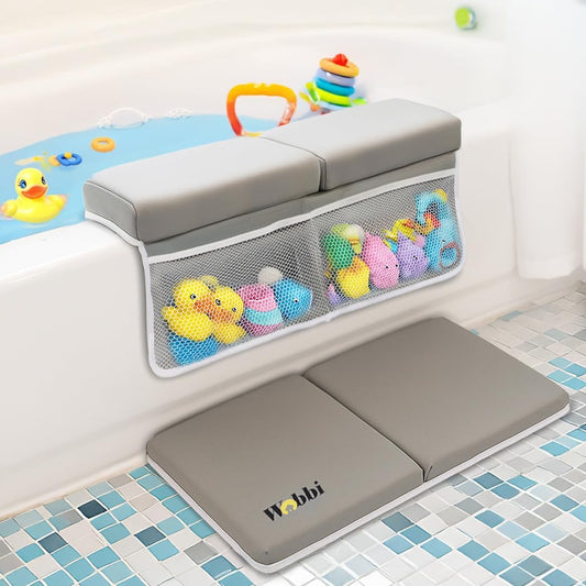 Wobbi Baby Bath Kneeler and Elbow Rest Pad Set - 1.5" Thick Memory Foam Knee Pad for Bathing Babies - 6 Suction Cups Non Slip Bath Kneeling pad with Toy Storage - Foldable & Quick Drying-Grey