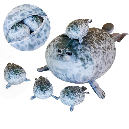 19.6Inch Chubby Blob Seal Pillow CuteSeal Plush with 4 Baby Seal Plushies in Her Tummy Soft Stuffed Cotton Plush Animal Toy Gift for Kids