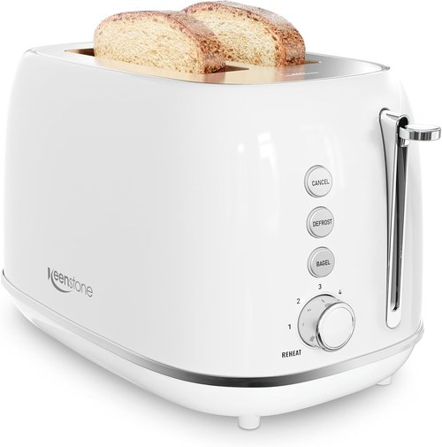 Keenstone 2-Slice Retro Stainless Steel Toaster - 6 Browning Levels, Reheat & Defrost, White