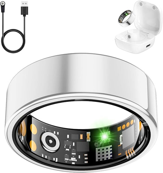 Smart Health Ring for Women Men, Fitness Tracker Ring with Heart Rate, Blood Oxygen, Sleep Tracker, Step Tracker, No Subscription Fee, IP68 Waterproof Smart Ring for iPhone & Android (Silver, 6#)