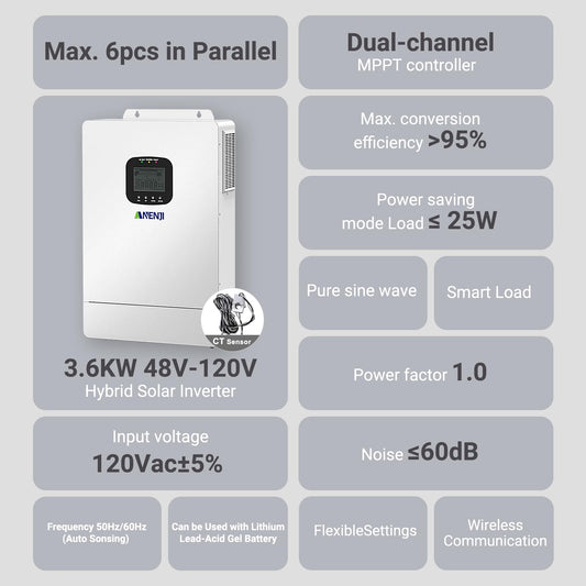 3600W Hybrid Solar Inverter 48V,DC to 110V AC,Built in 80A MPPT Controller,Multi 6 Unit Parallel,Pure Sine Wave,Off-Grid+On-Grid Systems with WiFi 120V Output for Home Backup Support Li Battery BMS