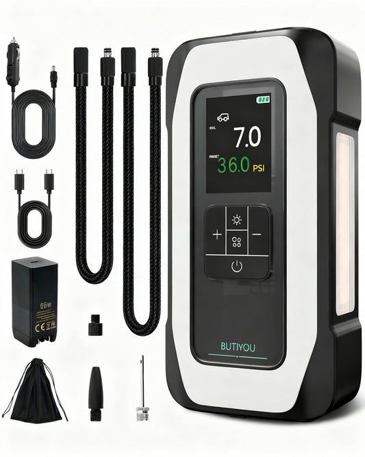 Butiyou BY01 Tire Inflator Portable Air Compressor - 150PSI Dual Cylinder for Large Tires, 16000mAh Cordless & 12V Corded, 135W Motor 50LPM, Colorful Digital Screen, Auto Stop, 66W Fast Charging
