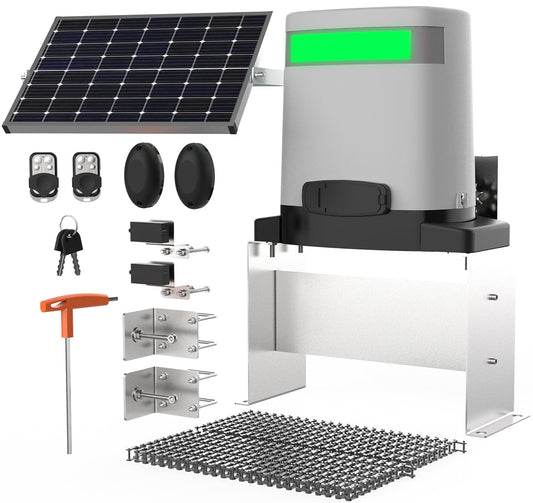 Blütezeit 1400lb Solar Sliding Gate Opener, Automatic Chain Drive Gate Motor with WiFi Control | Backup Battery | IR Sensor & 2 Remotes for Driveway Gates (Solar Panel Included)