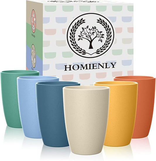 Homienly Water Cups Wheat Straw Drinking Glasses Cups 12oz Unbreakable Cups,Microwave and Dishwasher Safe Cup Set,6 PCS Stackable Cups for Kitchen,Camping-Colorful