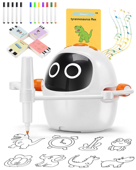 Drawing Robot for Kids Ages 3-8, Rechargeable Interactive Educational Drawing Machine with 200+ Cards & 12 Pens, Montessori Painting Learning Toy, Birthday for Boys & Girls