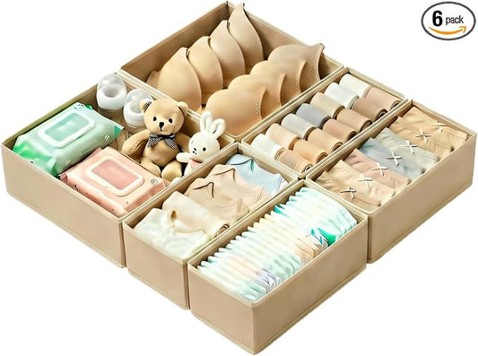 Drawer Organizer Set 6 Pack - Foldable 11" Fabric Storage Bins with Zipper Bottom for Underwear Socks Bras Baby Clothes - Closet Dresser Dividers for Bedroom Nursery, Khaki