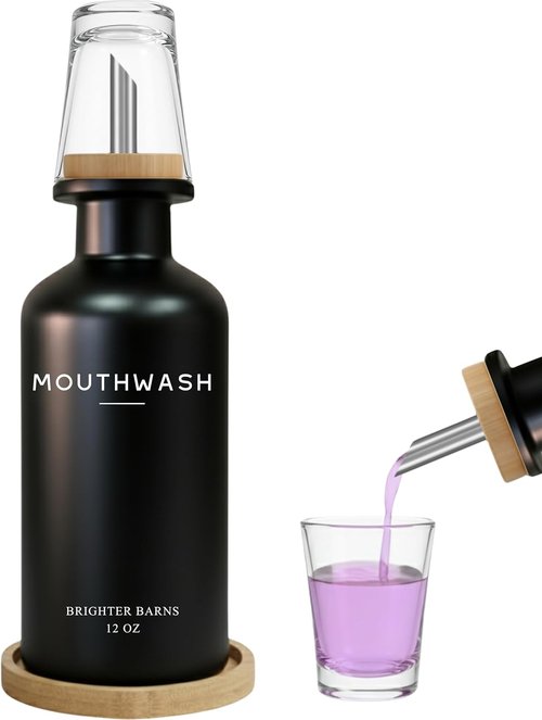 Brighter Barns Black Glass Mouthwash Dispenser - Stylish Bathroom Decor for Home, Gym & Gifts