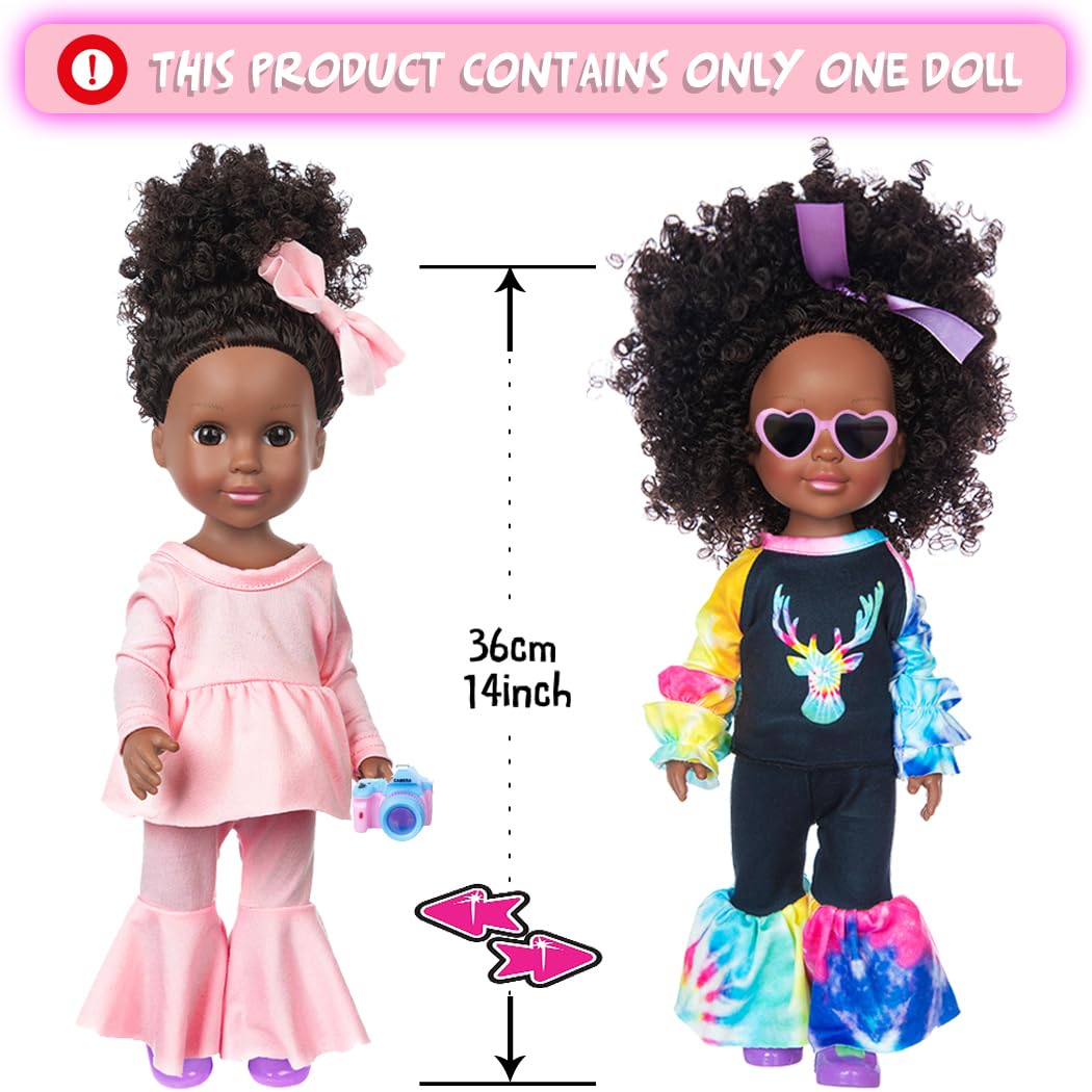 iBayda 14.5 Inch African-American Silicone Baby Doll - Realistic Black Girl Doll with 2 Outfits, Shoes, Backpack, Camera, Glasses & Phone Accessories (Washable)