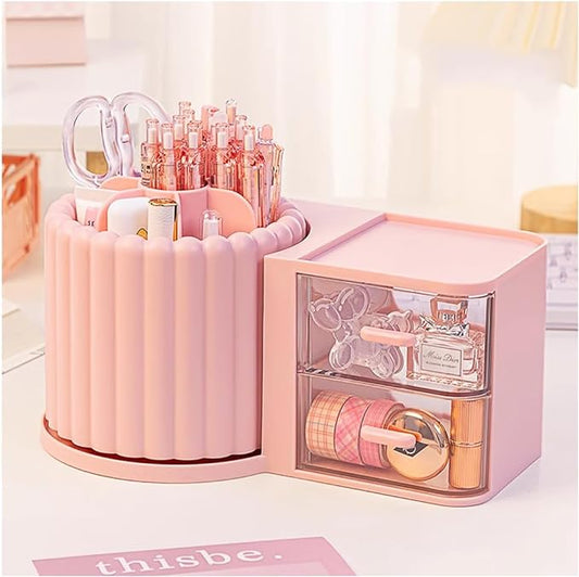 360 Rotating Makeup Organizer Countertop with 2 Drawers, Makeup Brush Holder, Small Preppy Organizer, 9.25x5.11 Inch, Pink