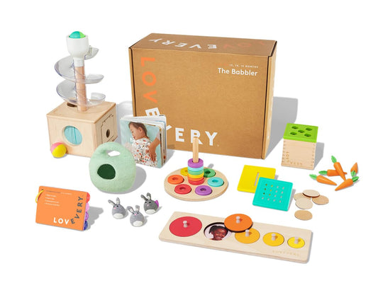 Lovevery | The Babbler Play Kit, Birthday Play Kit, Montessori Toddler Toy, 8 Play Products, 1 Board Book, and Play Guide (Best Birthday Gift for 1 Year Old), Medium