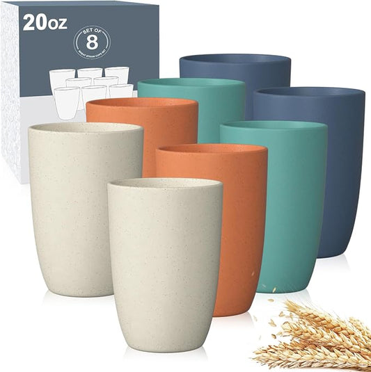 Wrova Wheat Straw Cups 8 PCS Good Alternative to Plastic Reusable Cups 20 oz Unbreakable Drinking Cup Reusable Dishwasher Safe Water Plastic Glasses Colorful Series
