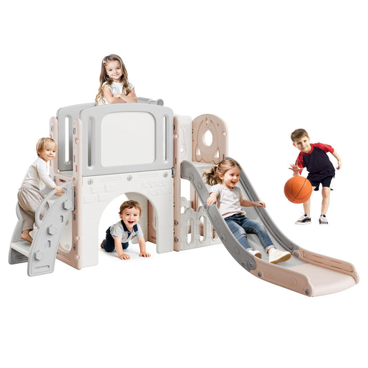 8-in-1 Toddler Slide Set with Climbing Ladder, Tunnel, Telescope & Basketball Hoop, Indoor Outdoor Playground Climber with Drawing Board & Storage, Kids Play Toy for Toddlers Age 1-3,Light Pink