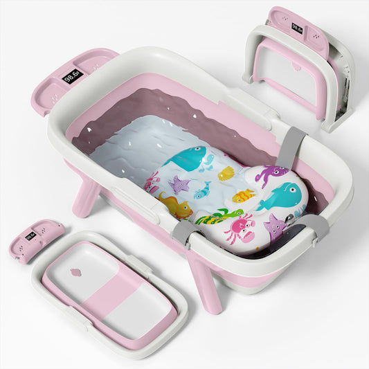 EverKiddo Collapsible Baby Bathtub, Laege Infant Bath Tub with Thermometer & Cute Soft Cushion for Newborn to 36-Month Toddlers, Storage and Non-Slip Feet Design, Baby Bath Gift (Pink)