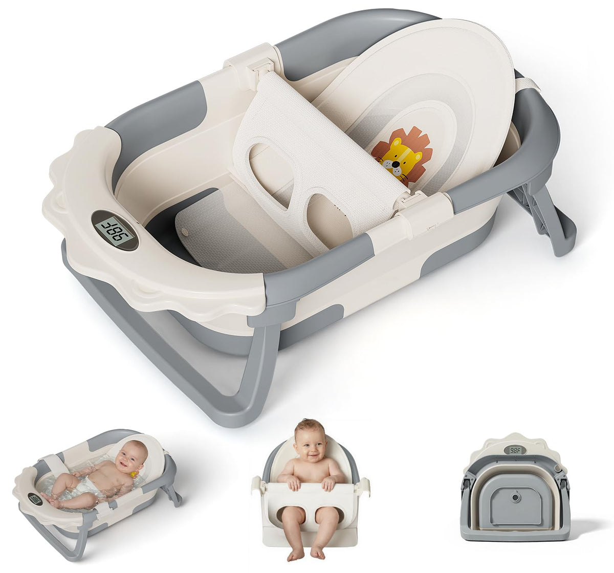 MoreFeel Foldable Baby Bathtub with Thermometer - 4-in-1 Grow-with-Me Collapsible Infant Tub (Newborn to Toddler) with Adjustable Mesh Sling - Space Saving Design