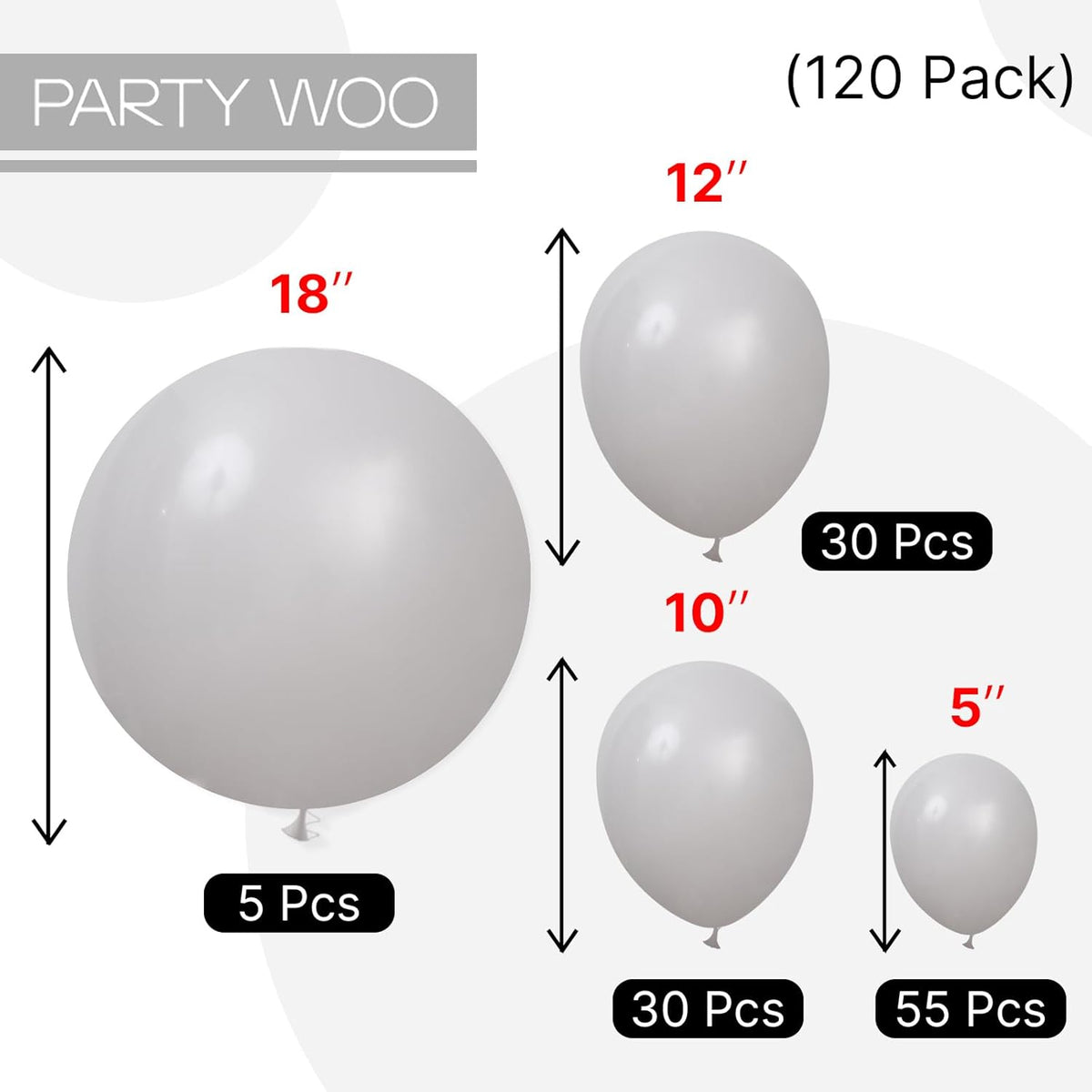 PartyWoo Gray Balloons - 120-Piece Matte Latex Balloon Arch Kit for Baby Showers & Weddings | 5-12 Inch Sizes