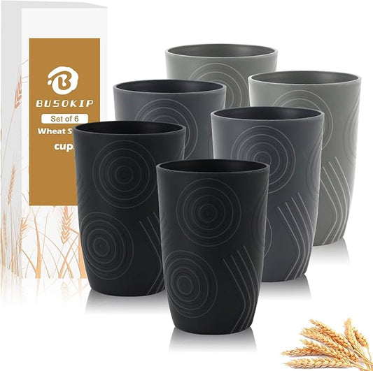 Wheat Straw Cups 6 PCS - 16 OZ Drinking Glasses, Unbreakable Drinking Cup, Water Tumbler for Kitchen, Alternative to Plastic Cups Reusable Microwave and Dishwasher Safe (Black, Grey)