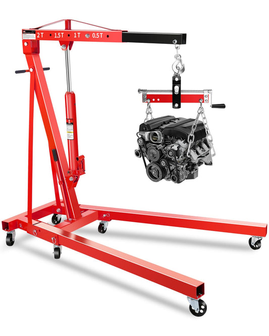 2 Ton Hydraulic Engine Hoist Crane with Lever, Folding Heavy-Duty Cherry Picker with 6 Locking Wheels & 4 Boom Positions, for Truck/SUV Engines, Garage Workshop, Industrial Lifting (Net Wt. 168 lbs)