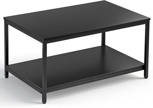 SUPER DEAL 2-Tier Industrial Coffee Table with Storage Shelf for Small Apartment Living Room, Rectangle Wood and Stable Metal TV Stand Side End Table, Black