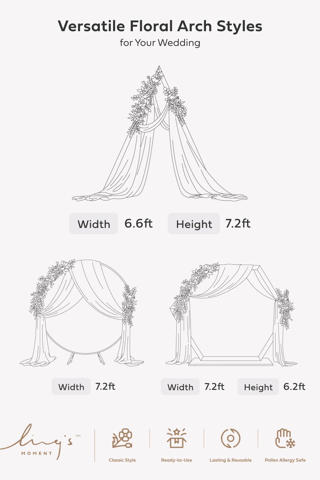 Ling's moment Wedding Arch Flowers with Sheer Drapes Kit - Artificial Spring Green Rose Floral Arrangements for Ceremony Backdrop, Arbor Decor, 5-Piece Set (2 Flower Stems + 3 Hanging Drapes)