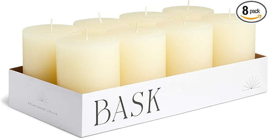 Mottled Pillar Candles by Bask - Set of 8-3" x 4" Dripless Unscented Candles in Ivory for Home Decor, Relaxation & All Occasions