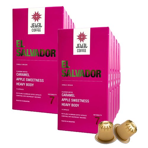 Jewel Coffee Specialty Coffee Pods - El Salvador Single Origin, 100% Arabica Coffee, Intensity 7, Medium Roast, Compatible with Original Nespresso Machines, 100 Count (10 Boxes of 10 Espresso Pods)