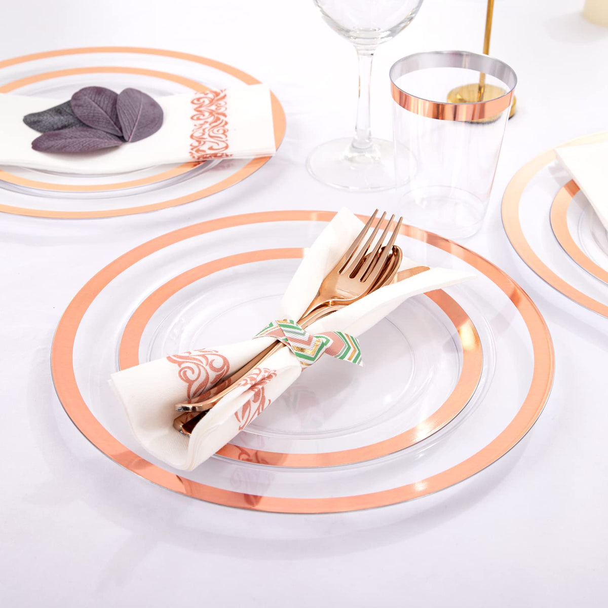 YOUBET 175PCS Rose Gold Plastic Plates - Clear Plastic Plates Disposable with Rose Gold Rim includes 50 Plates, 25Forks, 25Knives, 25Spoons, 25Cups, 25Napkins for Party & Wedding