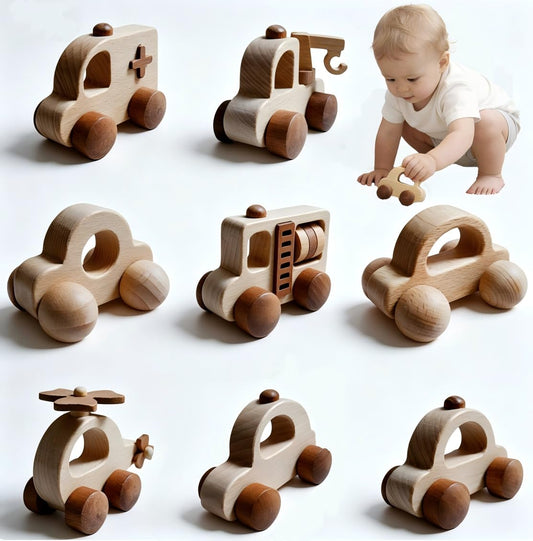 OKULLYSH 8PCS Wooden Toy Cars Set Montessori Push and Pull Baby Toys for 1-3 Years, FSC Certified Non-Toxic Wooden Cars for Toddlers, First Birthday Gifts for 1 Year Old Boy Girl