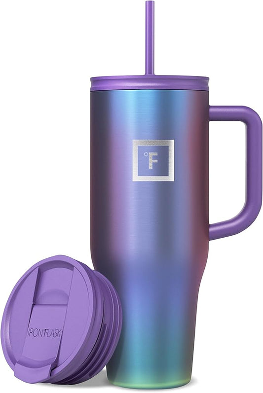 IRON °FLASK Co-Pilot Insulated Mug w/Straw & Flip Cap Lids - Cup Holder Bottle for Hot, Cold Drink - Leak-Proof - Water, Coffee Portable Travel Mug - Aurora, 40 Oz