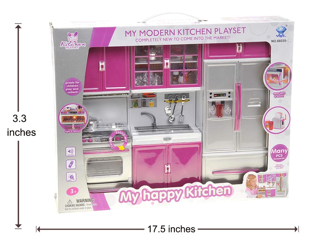 PowerTRC Doll Kitchen Play Set, Mini Modern Toy Kitchen Pretend Play Furnitures Toy Set Accessories Set with Realistic Light & Sound for Kids Toddlers Girls (3-in-1)