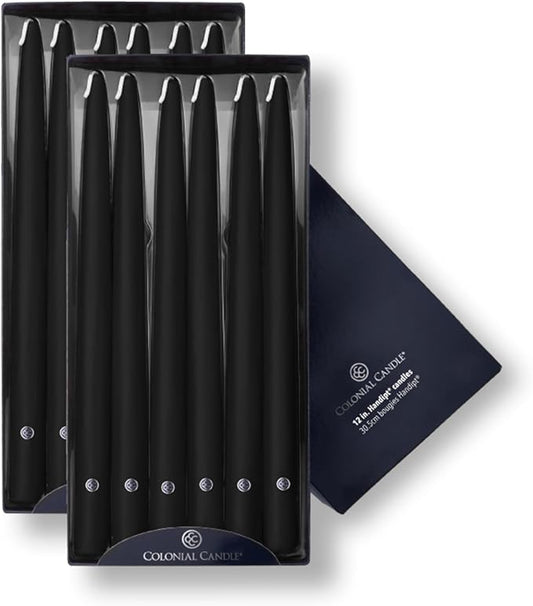 Colonial Candle Unscented Taper Candle, Handipt Collection, Black, 12 in, Pack of 12 - Up to 10 Hours Burn