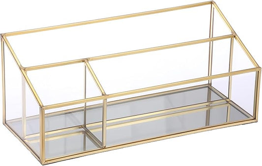 Hipiwe Makeup Organizer Countertop Cosmetic Display Case Gold Glass Vanity Storage Holder 3 Slots Dresser Bathroom Counter Organizer for Makeup Brush Lipsticks Perfume Skincare Products