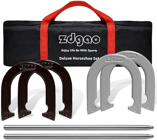 Horseshoes Outside Game Set-Portable Outdoor Horseshoe Set Includes 4 Professional Solid Steel Horseshoes with Solid Steel Stakes & Carrying Bag, Perfect for Backyard and Beach