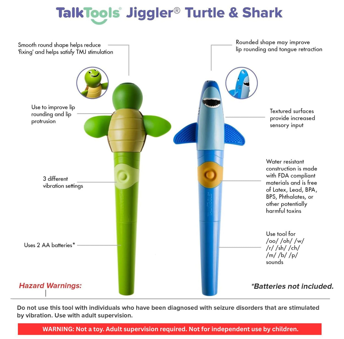 TalkTools Jiggler - Oral Facial Massager - Sensory Awareness Tool for Jaw and Lips | Improve Speech and Feeding Skills (Shark/Turtle - Set of 2) - NOT A Toy - Adult Supervision Required
