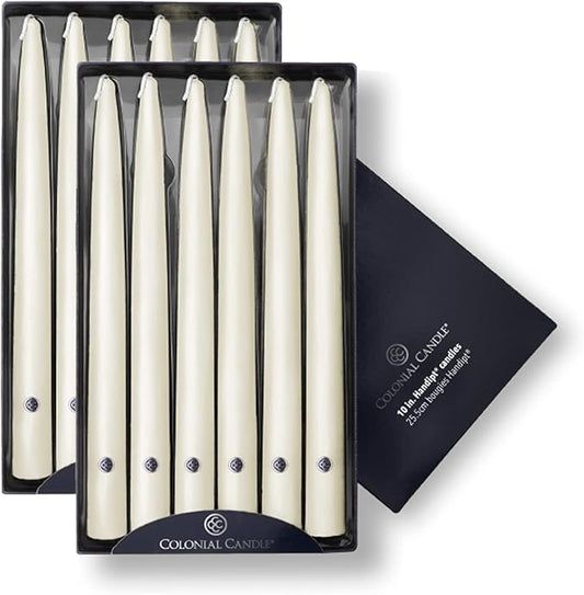 Colonial Candle Unscented Taper Candle, Handipt Collection, Ivory, 10 In, Pack of 12 - Up to 8 Hours Burn