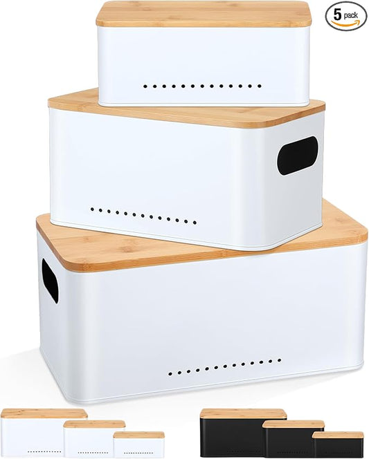 Honeydak 3 Pcs Metal Storage Box with Lid Nesting Farmhouse Storage Bins for Kitchen Pantry Bathroom Living Room Office, Aerating Produce Keeper & Countertop Organizer Set(White)