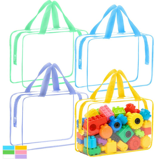 4 Packs Extra Large Toy Storage Bags with Zipper, Reusable Clear PVC Toy Organizer Bag with Labels for Blocks, 11.8″×8.6″×3.9″ Travel Waterproof Organizer Bags for Puzzles, 4 Colors