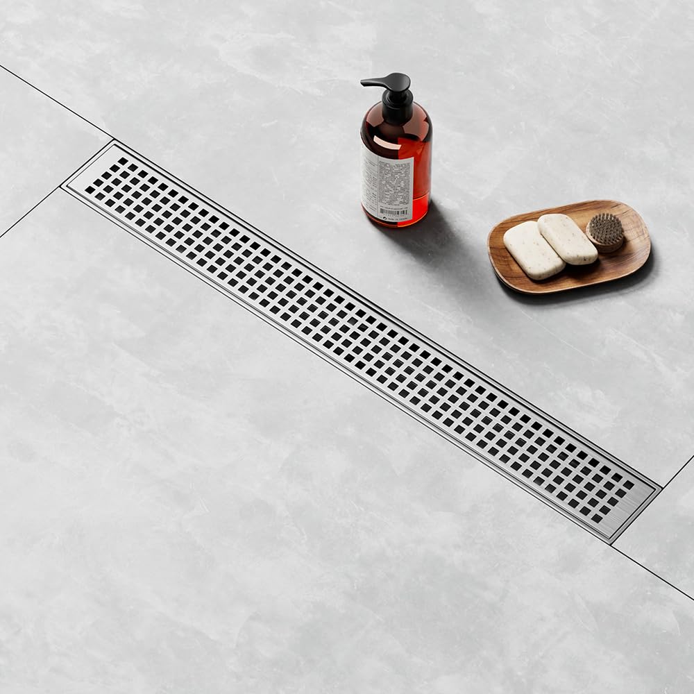LISEEGO Linear Shower Drain 54 Inch, Brushed AISI 304 Stainless Steel Shower Drain with Square Hole Panel, for Bathroom, Kitchen, Garage & More
