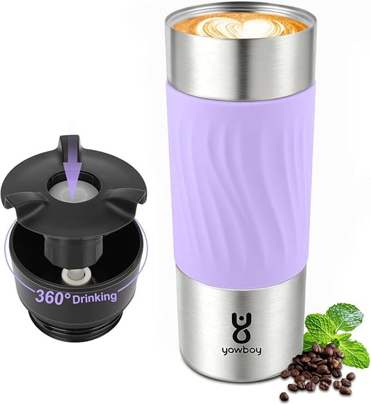 Travel Coffee Mug with 360°Lid, Travel Coffee Tumbler 16 oz Leak Proof, Stainless Steel Insulated Travel Mugs for Hot and Cold Spill Proof Leak Proof(Light Purple)