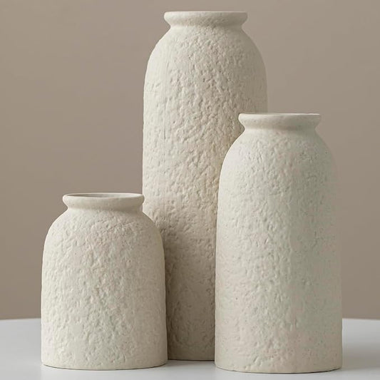 Large Decorative Ceramic Vase Set, 3 Pieces, Nordic Modern Boho Style, Berge Color, Modern Farmhouse for Home Decor (XL Beige Texture)