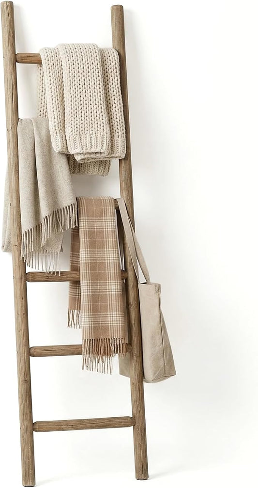 Wooden Blanket Ladder - 76in Natural Wood Color- Leaning Wall Decor for Bedroom, Bathroom, Living Room - Rustic Quilt Holder (Natural Wood Color (Knock Down), 76in | Knock Down)