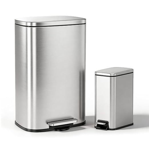 13 Gallon Trash Can (50L) and 1.6 Gallon (6L) Kitchen Trash Can Combo Set, Stainless Steel Garbage Can with Lid and Step-on Pedal, Soft Close Waste Bin with Inner Bucket for Home & Office