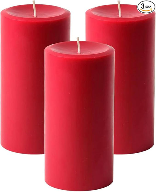 Mister Candle Dripless Unscented Pillar Candles, Set of 3 Hand Poured Red Pillar Candles, Solid Color Non-Scented Candles for Home Decor, Premium Wax, 80 Hr Burn Time, 3x6 Inch