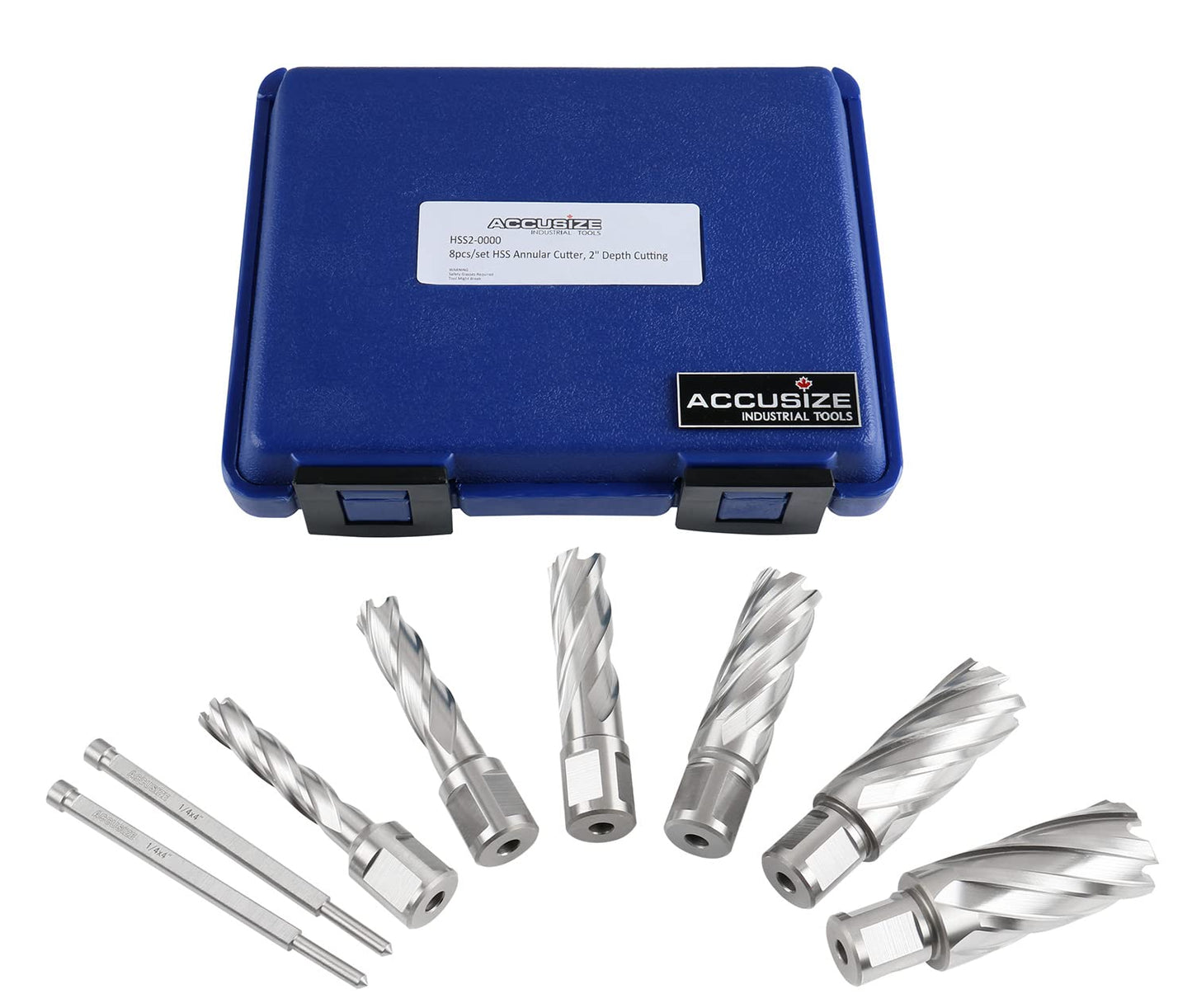 Accusize Industrial Tools H.S.S. Annular Cutter Set, 2'' Cutting Depth, 7/16'' - 1-1/16'' Slugger Cutter, 8 Pcs/Set, HSS2-0000