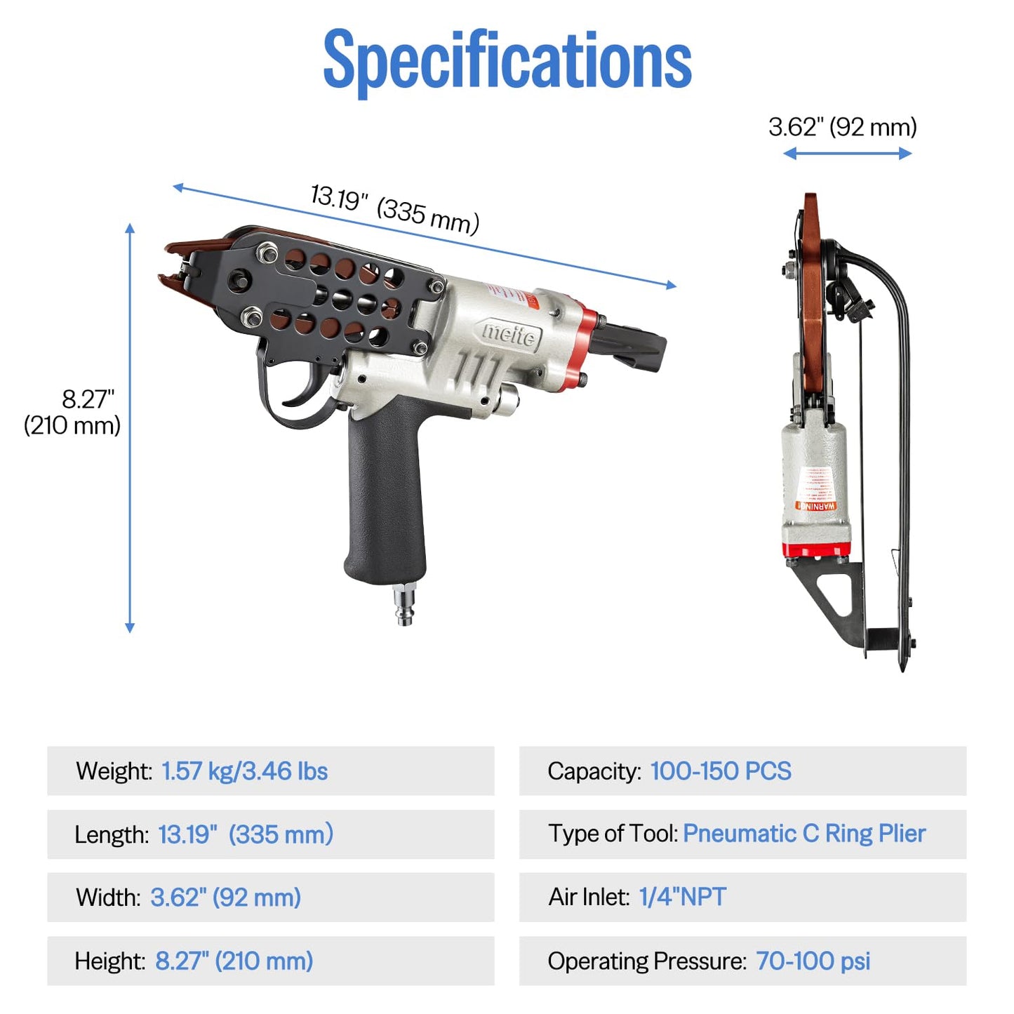 meite SC760C Pneumatic Hog Ring Gun, 16 Gauge 1/2" Crown Hog Ring Pliers, 2.6–3.6 mm Closure, Air C Ring Stapler for Fencing, Upholstery, Pet Cages, and Bag Sealing