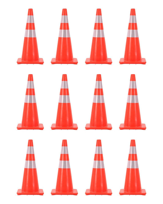 12 Pack Traffic Cone Set, 28 Inch High-Visibility Stackable Barriers with Reflective Collars, PVC Base, Collapsible Safety Stream Cones for Parking, Construction, Event Control, Sports Training