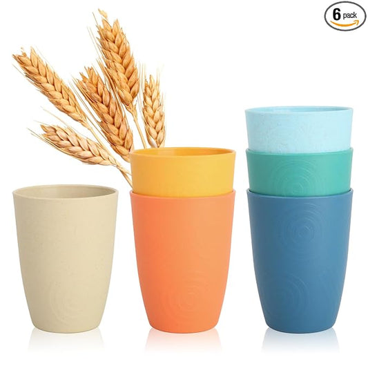 SINOGE Premium Wheat Straw Cups Unbreakable Drinking Glasses | Set of 6 | Alternative to Plastic Cups Reusable Water Glasses Dishwasher and Microwave Safe Drinking Cups 12 oz - MultiColor