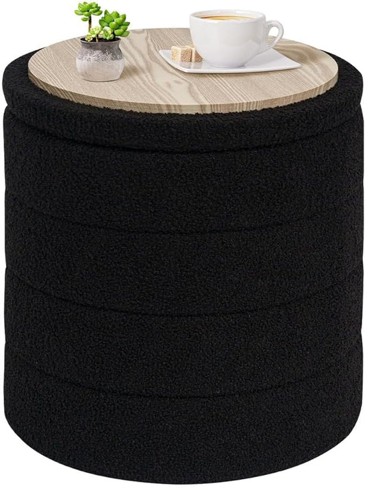 PINPLUS Round Storage Ottoman Foot Rest Stool with Tray Velvet Sherpa Folding Storage Ottoman,Boucle Foot Rest for Living Room, Bedroom, Dorm,Black Color